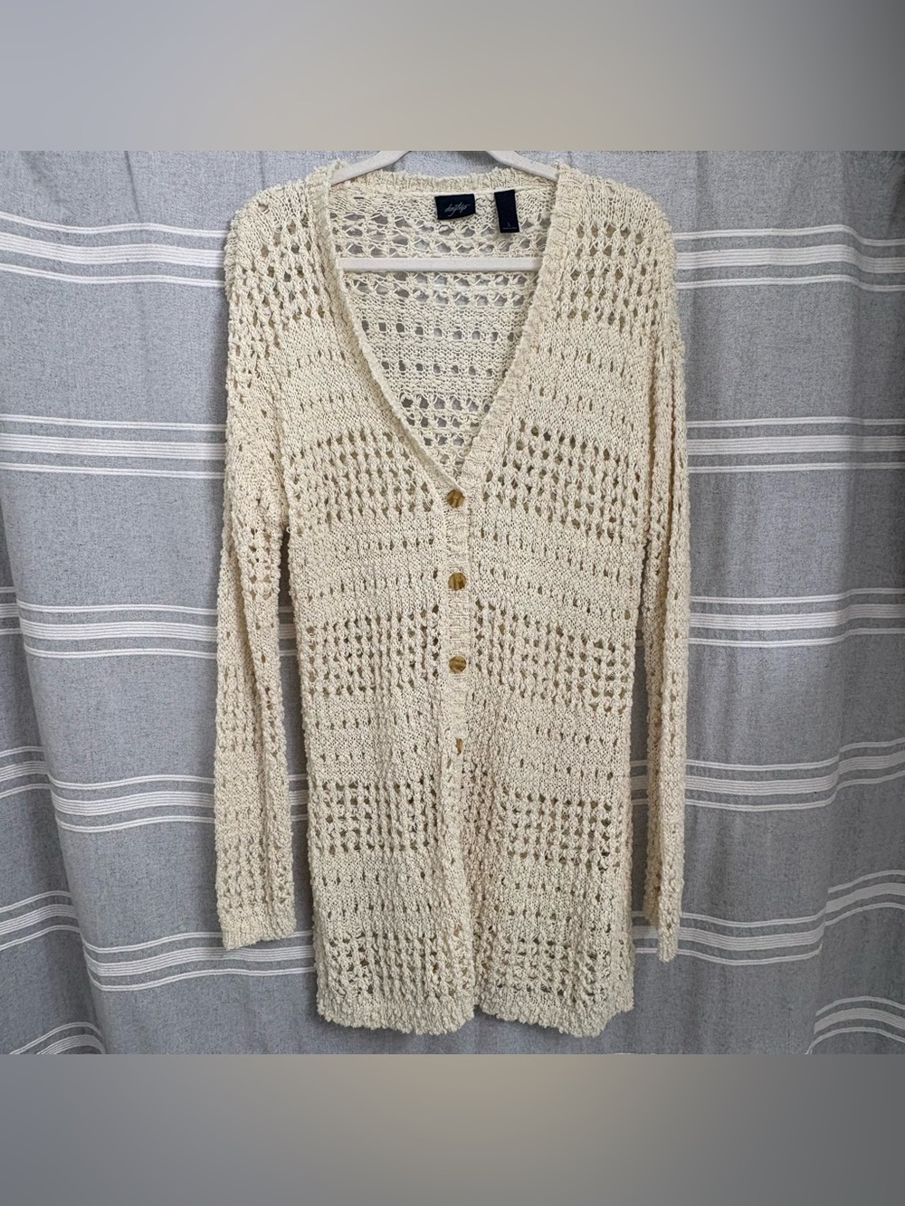 Daytrip Cream Open Knit Long Line Button Front Cardigan Size L Boho Earthy